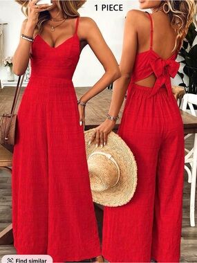 Red Wide-Leg Jumpsuit with Back Bow
